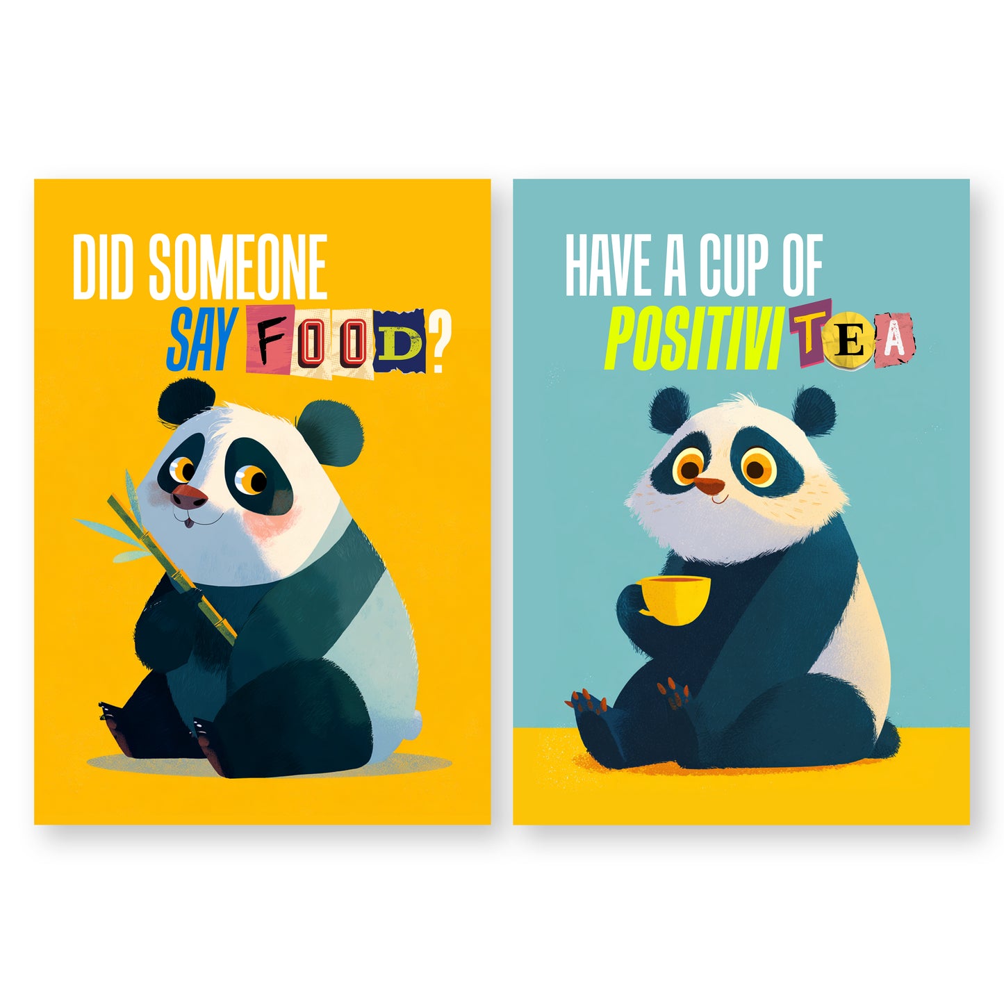 Cute Panda Kitchen Wall Poster Sticker, Food and Tea Theme, Modern Cartoon Design, 8.2x11.5 Inches, 2 Piece