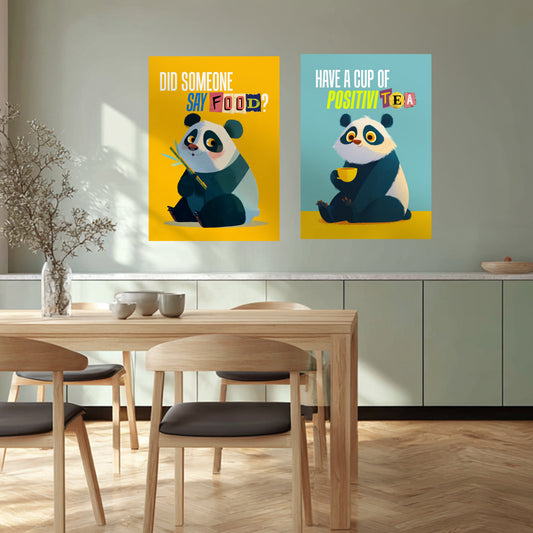 Cute Panda Kitchen Wall Poster Sticker, Food and Tea Theme, Modern Cartoon Design, 8.2x11.5 Inches, 2 Piece