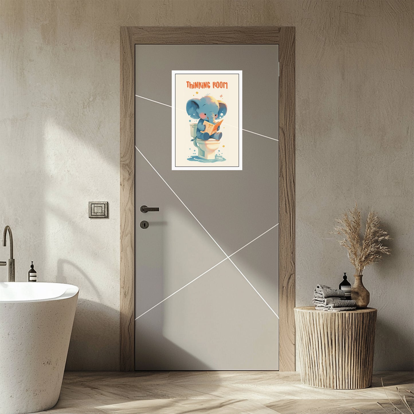 Thinking Room Bathroom Door Sticker, Elephant and Panda Design, Water Proof Sticker, Bathroom Decor